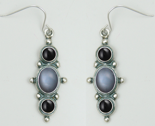 Sterling Silver Drop Dangle Earrings With Grey Moonstone And Black Onyx